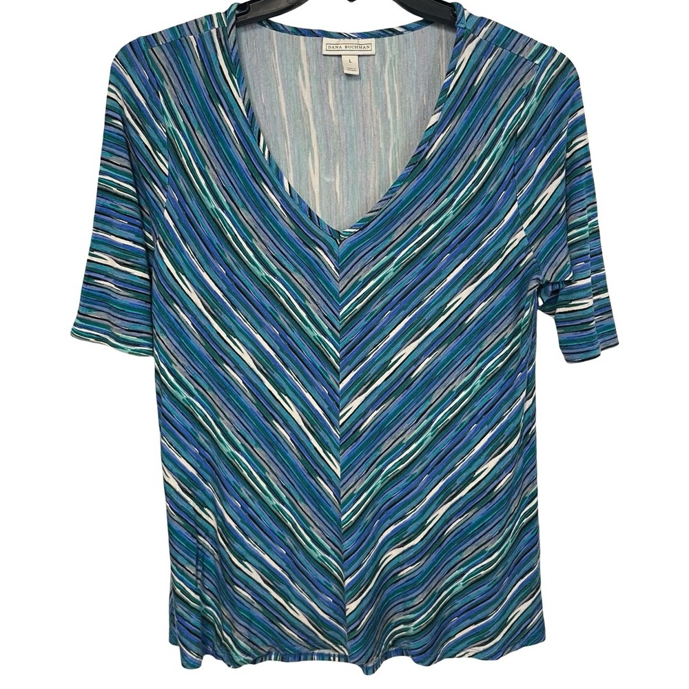 Dana Buchman Blue Green Chevron Stripe V-Neck Short Sleeve Top Large